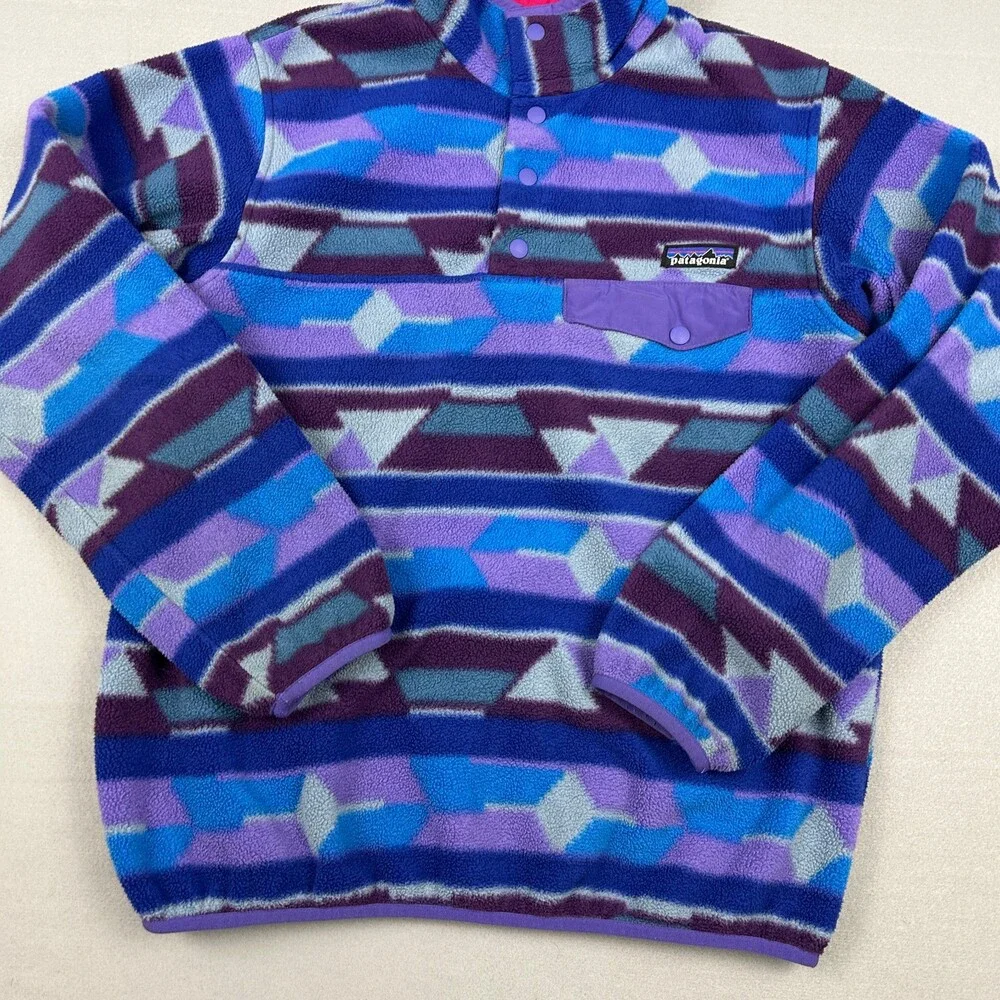 Patagonia Synchilla Jacket Women Small Blue Aztec Tribal Snap T Fleece Outdoor S